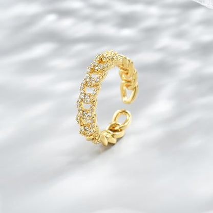 Adjustable Rings for Women 18K Gold Plated daisy Flower Butterfly Ball Cubic Zirconia Rings Dainty Open Stacking Ring - color: Link Chain-Gold
