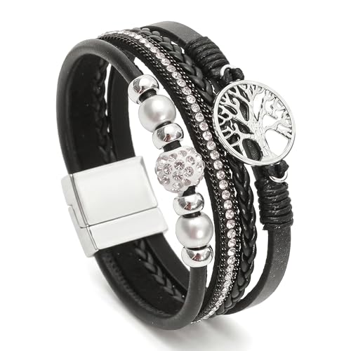 Multi-Layer Bracelets for Women Leather Wrap Bracelet Ethnic Style Layered Beads Cuff Boho Bangle for Everyday Wear Jewelry Gift - color: Black