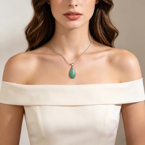 Natural Stone Teardrop Pendant Necklace, Birthstone Water Drop Gemstone Necklace with Stainless Steel Chain for Women - color: Aventurine
