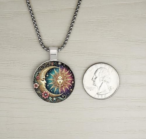 Intricate Highly Detailed Small Rainbow Celestial Sun Moon Boho Printed Pendant, Stainless Steel Chain Necklace, Length Choices - size: 16 inches long