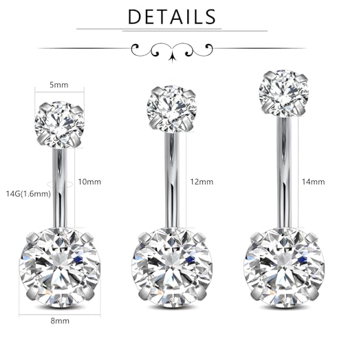FECTAS 14g Belly Button Rings Surgical Steel CZ Petite Navel Ring for Women Body Piercing Jewelry Petite select Barbell Len 6mm 8mm 10mm 12mm 14mm Silver - style: silver1-3pcs-14&12&10mm bar