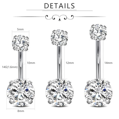 FECTAS 14g Belly Button Rings Surgical Steel CZ Petite Navel Ring for Women Body Piercing Jewelry Petite select Barbell Len 6mm 8mm 10mm 12mm 14mm Silver - style: silver1-3pcs-14&12&10mm bar