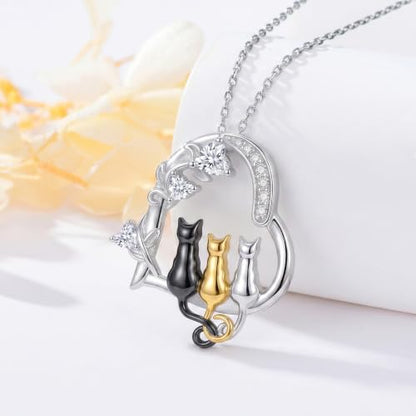Heart Animal Necklace 925 Sterling Silver Cute Animal Pendant Jewelry Birthday Gifts for Women Girlfriend Mom Animal Lovers - style: 1-5 Three Cat
