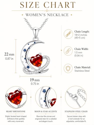 Birthstone Necklace for Women White Gold Moon and Star Pendant Moon Jewelry Anniversary Birthday Gifts for Mom Wife Her - color: 07. July - Ruby
