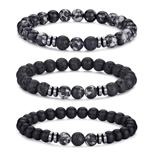 Mens Beaded Bracelets Set 8MM Tiger Eye Lava Stone Stretch Natural Stone Men's Bead Bracelet Mens Bracelet - color: 3,black,gray,lava rock bracelet