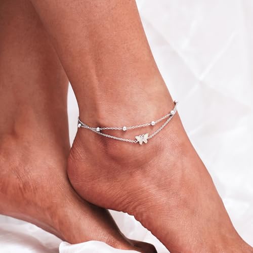 CHIC & ARTSY 925 Sterling Silver Ankle Bracelets for Women, Adjustable Layered Foot Chains with Nature & Symbol Charms, Lightweight Comfort Fit Boho Beach Everyday Jewelry - color: Butterfly/silver