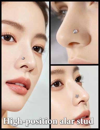 Prjndjw 20G Big Nose Stud Large Nose Studs Surgical Stainless Steel Straight Nose Studs 4mm CZ Paved CZ Nose Rings with 6-CZ Flower Ring for Women Men 11 Pieces - color: 4mm CZ Big 20G Silver Screw Curved Nose Stud