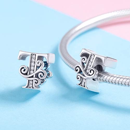 BISAER 925 Sterling Silver Initial Letter A-Z Charms for Bracelets Alphabet Beads Charm Jewelry Gifts - color: Letter T