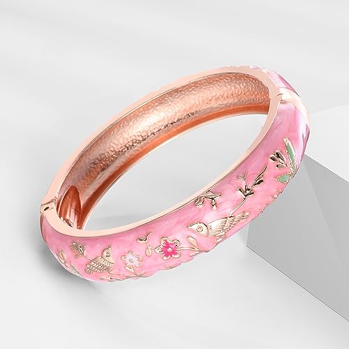 UJOY Cloisonne Indian Bangle Colored Crystal Plated Hinge Cuff Bracelet Hollowed Bird Enamel Jewelry Gift 55C49 - color: 2 Pcs/set-Bird-Pink