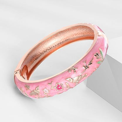UJOY Cloisonne Indian Bangle Colored Crystal Plated Hinge Cuff Bracelet Hollowed Bird Enamel Jewelry Gift 55C49 - color: 2 Pcs/set-Bird-Pink