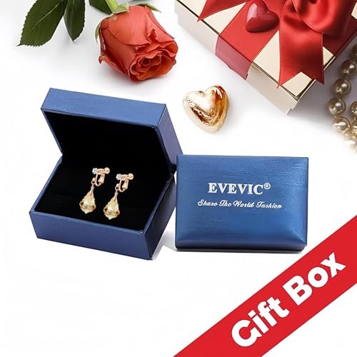 Austrian Crystal Baroque Drop Clip On Dangle Earrings for Women Non Pierced 14K Rose Gold Plated Hypoallergenic Jewelry - color: Topaz