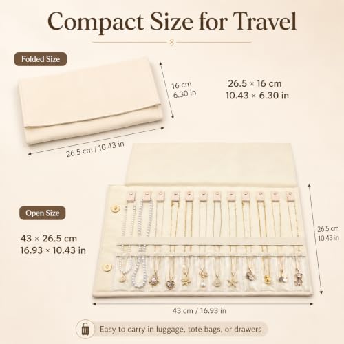 Travel Necklace Organizer Roll Up Jewelry Case, 12 Slots, Beige | Foldable travel jewelry organizer keeps necklaces, chains and bracelets separated in 12 slots to reduce tangles on the go.
