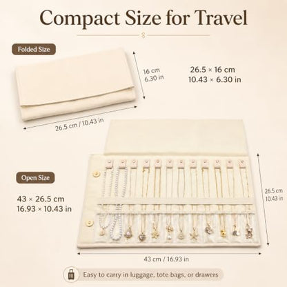 Travel Necklace Organizer Roll Up Jewelry Case, 12 Slots, Beige | Foldable travel jewelry organizer keeps necklaces, chains and bracelets separated in 12 slots to reduce tangles on the go.