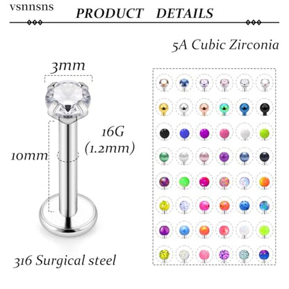 Vsnnsns 48PCS 16G Lip Rings Stainless Steel Tragus Helix Conch Piercing Jewelry Snake Bite Piercing Monroe Lip Rings Labret Medusa Cartilage Lobe Earrings Studs Piercing Jewelry 6MM 8MM 10MM Silver - color: 10MM-Mix Color