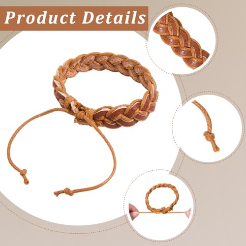 2PCS Adjustable Cowhide Woven Rope Bracelets for Men Women Punk Braided Genuine Leather Wrap Wristband Rustic Wrist Band Cuff Bracelet for Daily Wear Costume Party Gift(Brown) - color: Brown