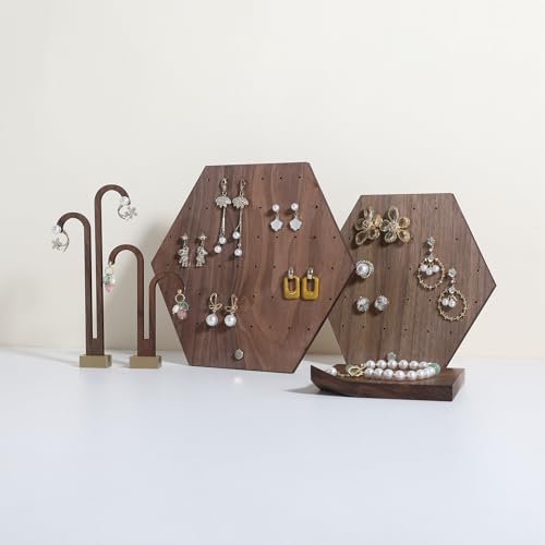 Hexagonal Earring Organizer stand, Walnut Plywood Jewelry Display Board for Hanging earring studs, Perfect for Storing and Showcasing Your Jewelry Collection【Set of Two Size】