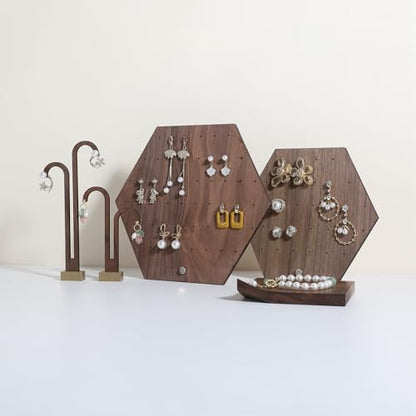 Hexagonal Earring Organizer stand, Walnut Plywood Jewelry Display Board for Hanging earring studs, Perfect for Storing and Showcasing Your Jewelry Collection【Set of Two Size】