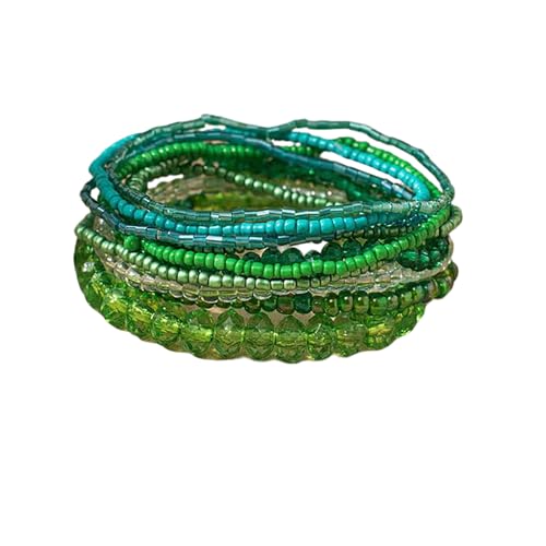 Handmade Stackable Rice Seed Beaded Ball Bracelets set for women, Romantic Boho Trendy Acrylic Glass Stretch Accessories Multi Layer Jewelry, Daily Wear Party Holiday Friendship Gift - color: Green