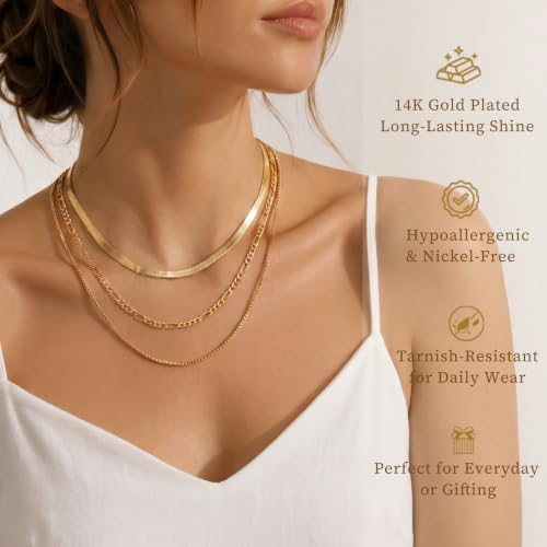 Layered Gold Necklaces for Women14K Gold Planted Non Tarnish | Cuban, Herringbone,Figaro,Paperclip Chain Layering Stack Choker Necklace , Trendy Jewelry Gift for Women - color: F