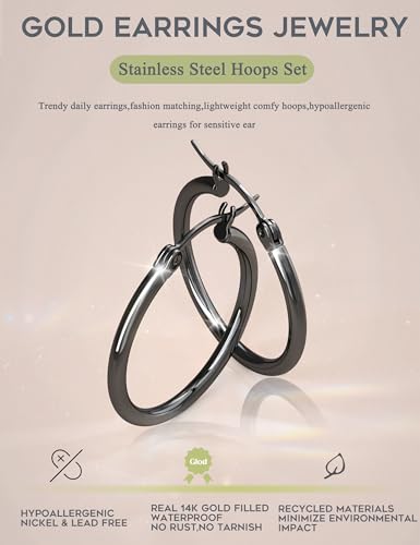 ORAZIO Stainless Steel Hoop Earrings Set Huggie Earrings for Women | Hypoallergenic Thin Small Non Tarnish Lightweight Dainty Trendy 10-20MM Women Stacks Multiple Piercing Jewelry Gift - style: D: Black-tone,4 pairs