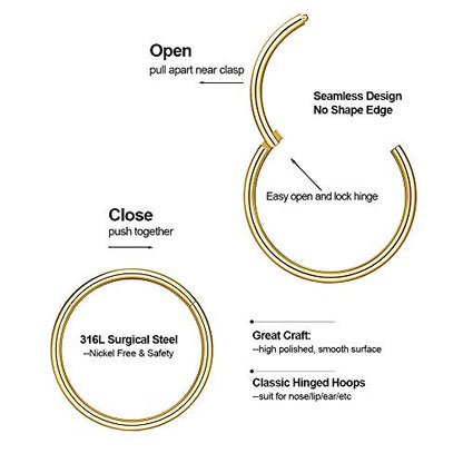Nose Rings Hoop, 316L Surgical Steel 20G 18G 16G 14G Hypoallergenic Nose Rings Septum Cartilage Hoop Earring Conch Piercing Jewelry for Women, Diameter 5mm to 14mm, Gold, Rose Gold, Silver, Black - style: 1pcs, Gold, 20g, Diameter: 8mm
