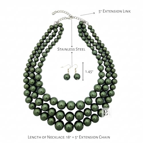 Fashion 21 Women's Faux Pearl Three Multi-Strand Statement Necklace and Earrings Set - color: Dark Olive Green