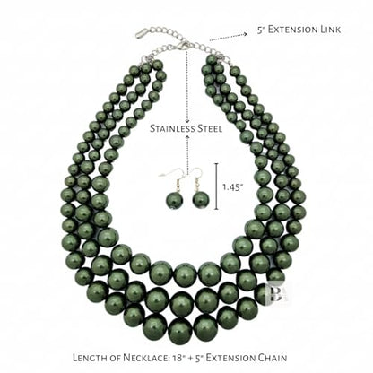 Fashion 21 Women's Faux Pearl Three Multi-Strand Statement Necklace and Earrings Set - color: Dark Olive Green