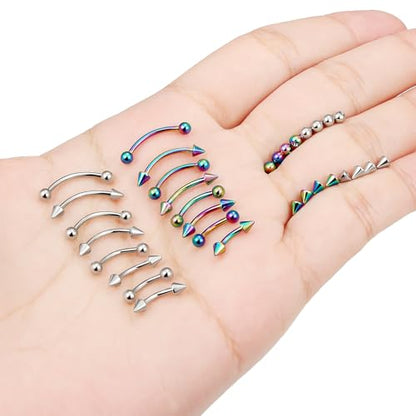 Jenxnjsjo 16g 6/8/10/12mm Silver/Gold/Black Eyebrow/Rook/Snug/Vertical-Labret/VCH/Snake-Eyes/Anti-Tragus/Christina/Daith/Belly-Button/Bridge/Hood/Surface Curved Barbell Piercing Jewelry for Women Men - color: Silver & Rainbow