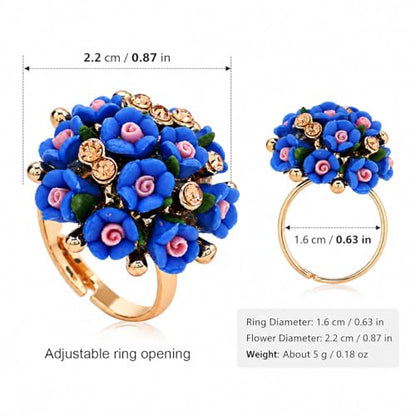 Floral Statement Ring for Women, Colorful Rose Cluster Adjustable Ring with Rhinestone Accent Fashion Jewelry Gift