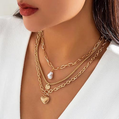 Aobei Pearl 18K Gold Plated Pendant Necklace for Women Dainty Gold Chain Choker Love Heart Disc Coin Pearl Cross Toggle Jewelry - style: Love Heart