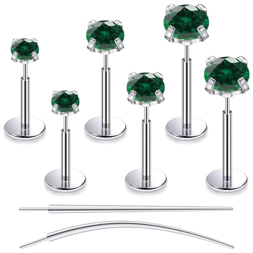 F136 Titanium 20/18/16G Earrings Nose Lip Rings Medusa Tragus Cartilage Helix Labret Flat Back Threadless Implant Grade Stud Piercing Jewelry for Women - color: Green CZ, size: 18g*6/7/8mm*2/3/4mm