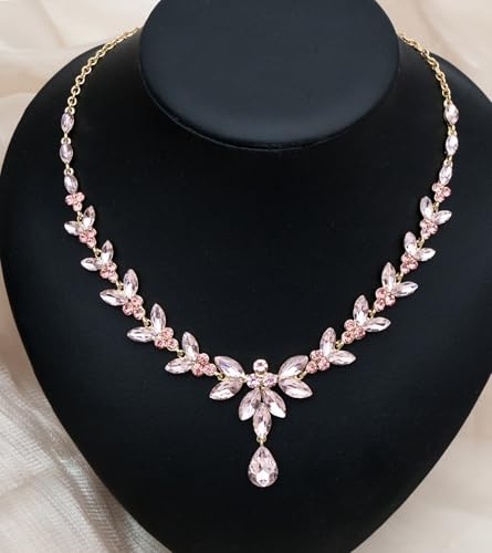 CSY Elegant Bridal Jewelry Sets Wedding Prom Homecoming Gown Accessories | Austrian Marquise Crystal Wedding Necklace Dangle Earrings Tennis Bracelet Ring Set for Bride Women Costume Accessories - color: light pink - gold tone
