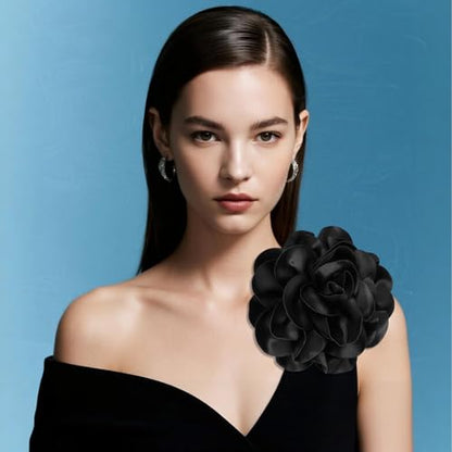 Black Extra Large Flower Brooches Lapel Pins 17.5mm Handmade Dainty Satin Fabric Rose Big Camellia Flower Brooch Pin for Women Christmas Wedding Bridal Birthday Dance Clothes Accessories Jewelry