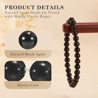 Agate Round Beaded Bracelet for Women Men Natural Agates Stone Healing Bracelets Stretch Elastic Handmade Polished Gemstone Beads Bracelet - color: Black, size: 6mm Beads