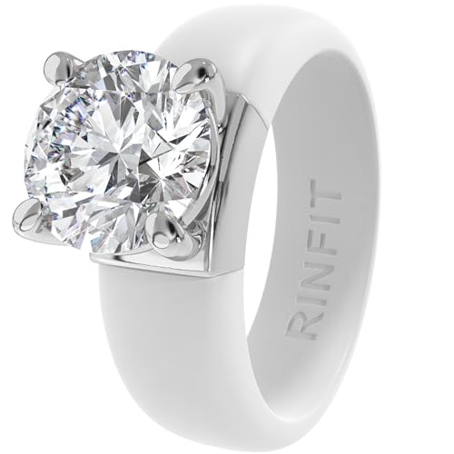 Rinfit Silicone Ring with Stone, Round Cut CZ | AAAAA Grade Cubic Zirconia, Solitaire Engagement Ring for Her, Flexible Rubber Wedding Band for Women, Patented Design - color: Pack A: White / Silver