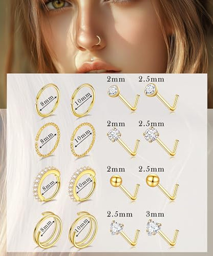 Nose Rings Hoops for Women Nose Studs Jewelry Piercings Surgical Stainless Steel Hypoallergenic