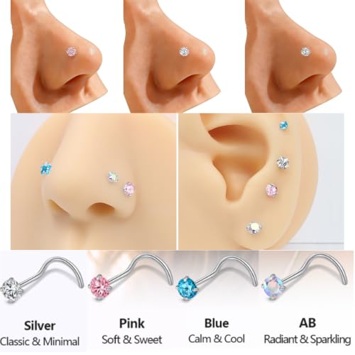 9PCS 20g Stainless Steel 316L Nose Studs Set | Hypoallergenic L-Shaped Screw & Bone Nose Rings, Round Heart Star Pink Cubic Zirconia Nose Piercing Jewelry for Women Men - style: studs004