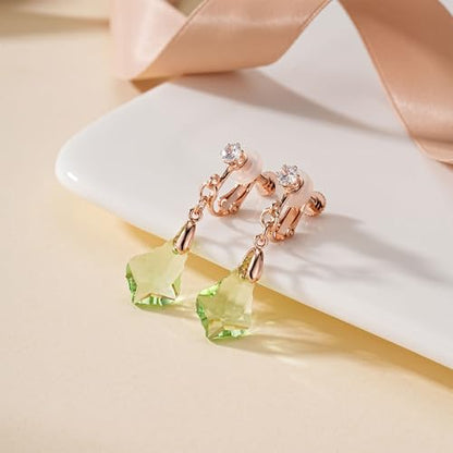 Austrian Crystal Baroque Drop Clip On Dangle Earrings for Women Non Pierced 14K Rose Gold Plated Hypoallergenic Jewelry - color: Fern Green