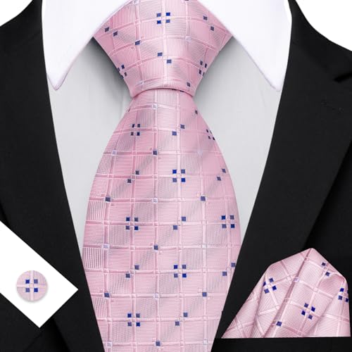 YOHOWA Men Plaid/Striped Ties Clip Set Silk Necktie Pocket Square Cufflinks | Woven Classic,Formal/Casual Mens Tie,Pocket Square Cufflinks Set,Luxury,Business,Wedding,Party,Prom,Graduation - color: Blush Pink a
