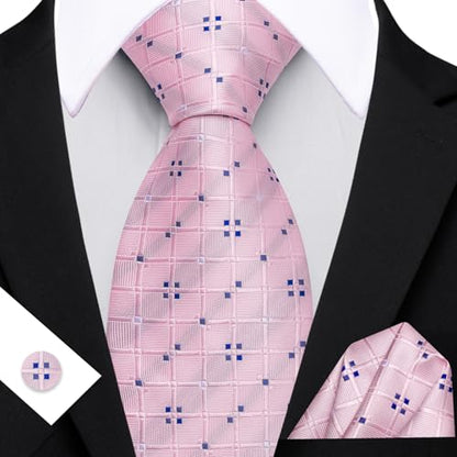 YOHOWA Men Plaid/Striped Ties Clip Set Silk Necktie Pocket Square Cufflinks | Woven Classic,Formal/Casual Mens Tie,Pocket Square Cufflinks Set,Luxury,Business,Wedding,Party,Prom,Graduation - color: Blush Pink a