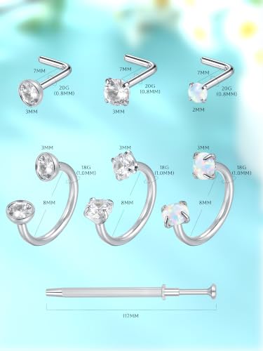 Aumeo Horseshoe 18G Nose Rings 8mm for Women, Surgical Steel 20G L Shaped Nose Rings Studs 7mm, Internally Threaded Tragus Cartilage Helix Earrings, Silver/Gold - style: Silver, 3pcs horseshoe nose rings