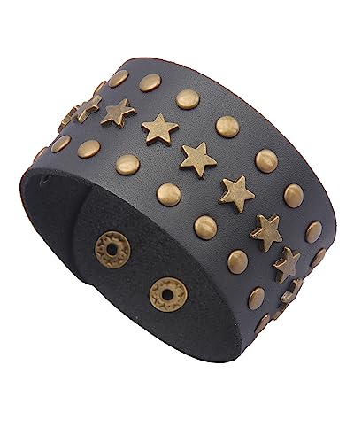 Jeilwiy Punk Leather Wristbands for Men Bracelets Handmade Wide Cuff Bangle Braided Jewelry Black Brown Adjustable - Punk Father's Gifts - color: Star Leather Bracelet