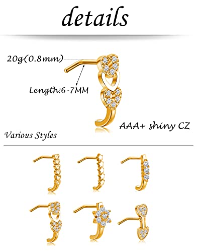Akeoqi 6-12Pcs Nose Studs Nose Ring Inlaid Cubic Zirconia L Shaped Studs Lotus Star Heart Nose Nostril Piercing Jewelry for Women Men Sliver Gold Rose Gold Tone 20G - color: C: Gold