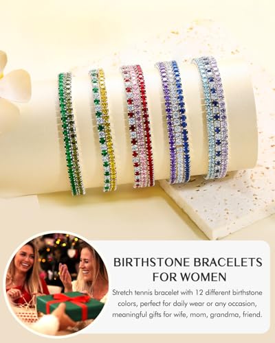 DAYBYDAY 3mm Stretch Tennis Bracelets for Women, 925 Sterling Silve Birthstone Bracelet, Dainty Adjustable Stackable Gemstone Cubic Zirconia Bracelet, Length 7.25-8 Inch
