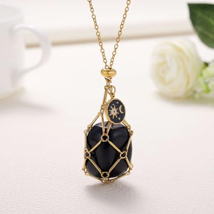 MIXJOY Black Obsidian Crystal Necklace for Women, Sun and Moon Celestial Pendant Protection Gift for Halloween Christmas - style: Large