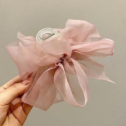 Elegant Mesh Tulle Hair Claws with Large Bowknot - Chiffon Hair Clips for Thick Hair and Women's Hair Accessories - color: pink