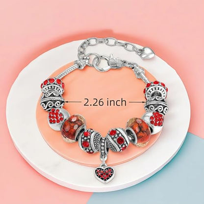 Pink Hearts Silver Plated Charm Bracelet, DIY Jewelry for Women with Beads, Charms, and Adjustable Snake Chain, Fits 7.5"+1.5" - color: Red, size: 18cm