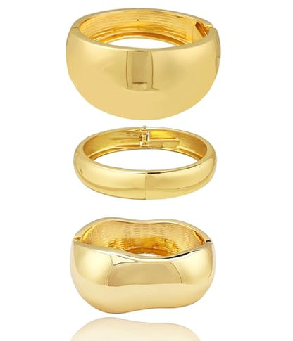 Chunky Gold Bangle Bracelets for Women, 14K Gold Plated Wide Cuff Bracelet | Stackable Open Cuff Bangles, Trendy Statement Jewelry Gift for Women - color: Gold-11