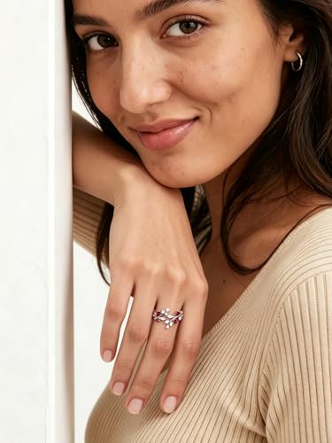 Silver Leaf Ring for Women 925 Sterling Silver Yellow Gold Plated CZ Inlaid Marquise Sapphire/Ruby/Emerald Cocktail Rings Size 6 to 10 - color: Ruby - Silver