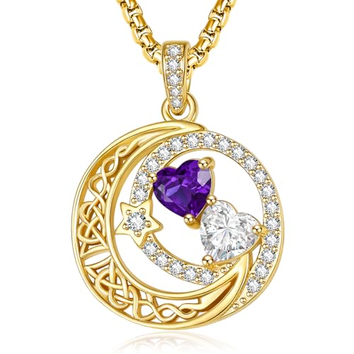 14K Gold Moon and Star Double Birthstone Necklace Gifts for Women | 2 Heart Birthstone Necklace,Mothers Day Wedding Anniversary Birthday Gifts for Wife Mom Daughter Grandma Sister - color: 02-04-Feb-Apr Birthstone